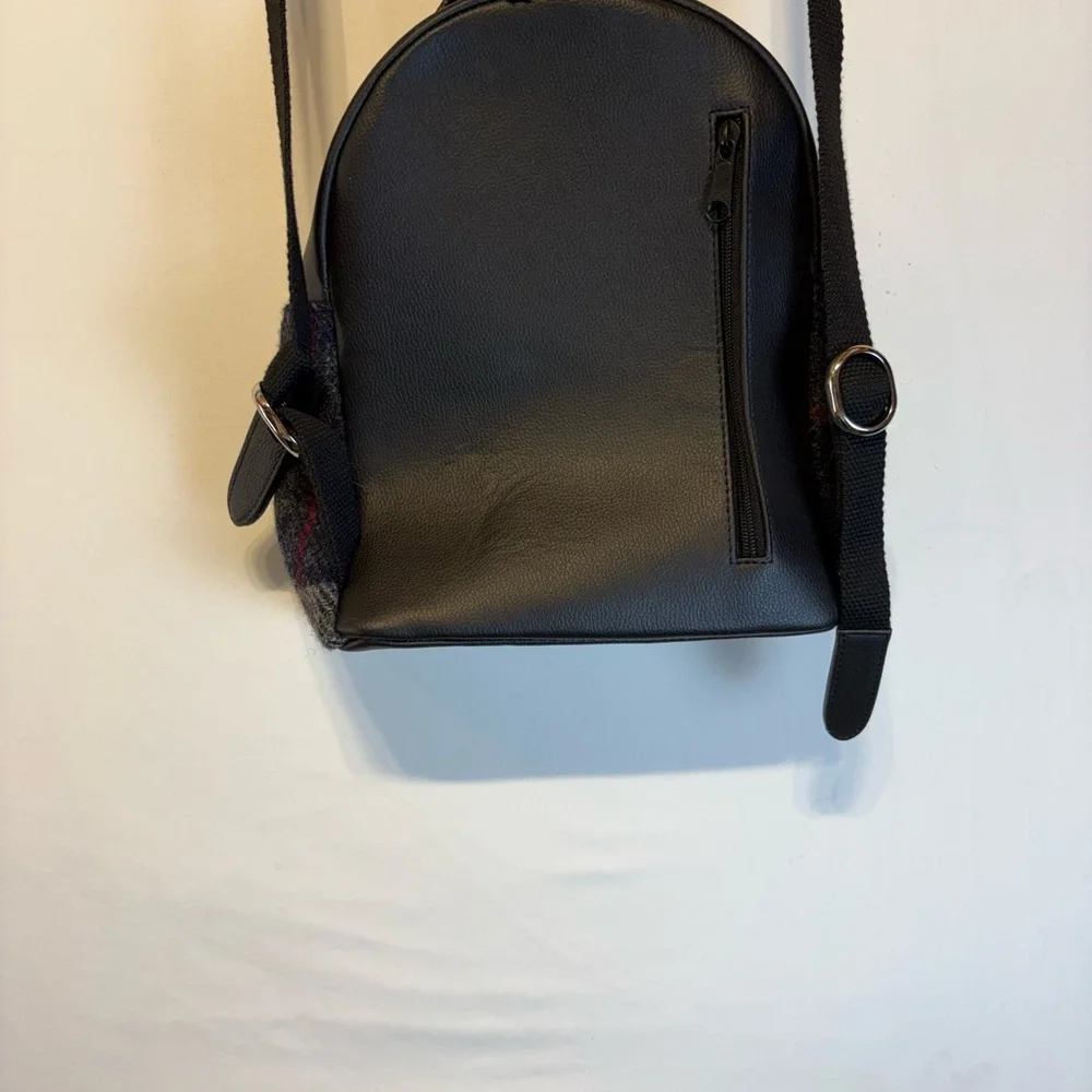 Harris Tweed mini back pack in grey and blue plaid pattern